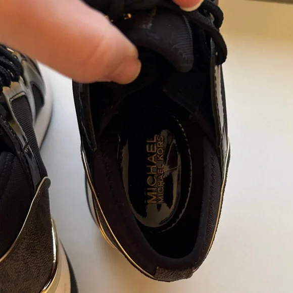 Michael Kors Women’s Black & Gold Liv Logo Mixed- Media Trainer Sneaker size 8.5 - Picture 6 of 9